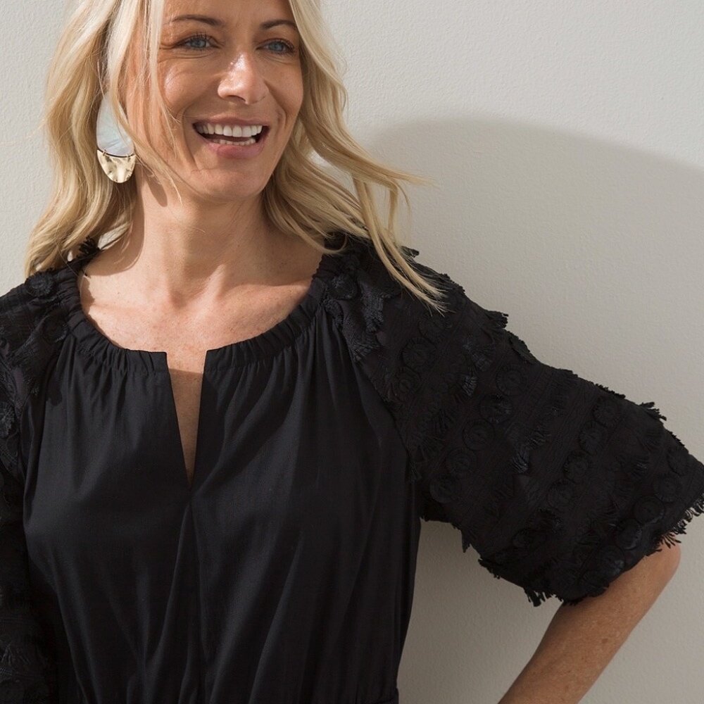 Poplin Fringe Puff Sleeve Dress - EUC